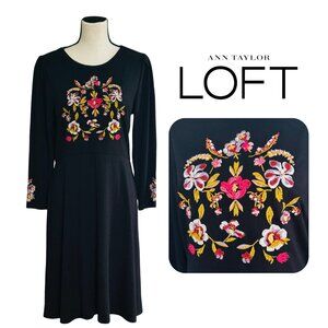 Ann Taylor LOFT Black Floral Embroidered Midi Dress Cottagecore Bohemian Size 6